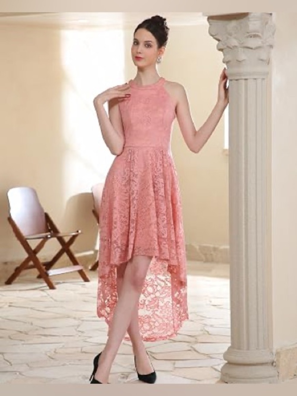 Sleeveless Pink Lace High-Low Dress